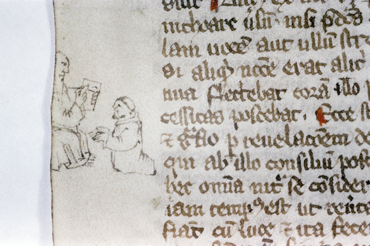 Bodleian Library MS. Laud Misc. 173, fol. 119v from a 15thC German manuscript of the Life of St Brendan. Brendan kneels before an abbot, who holds a book. Today, 16 May, is his feast day. (Bodleian Library Oxford)