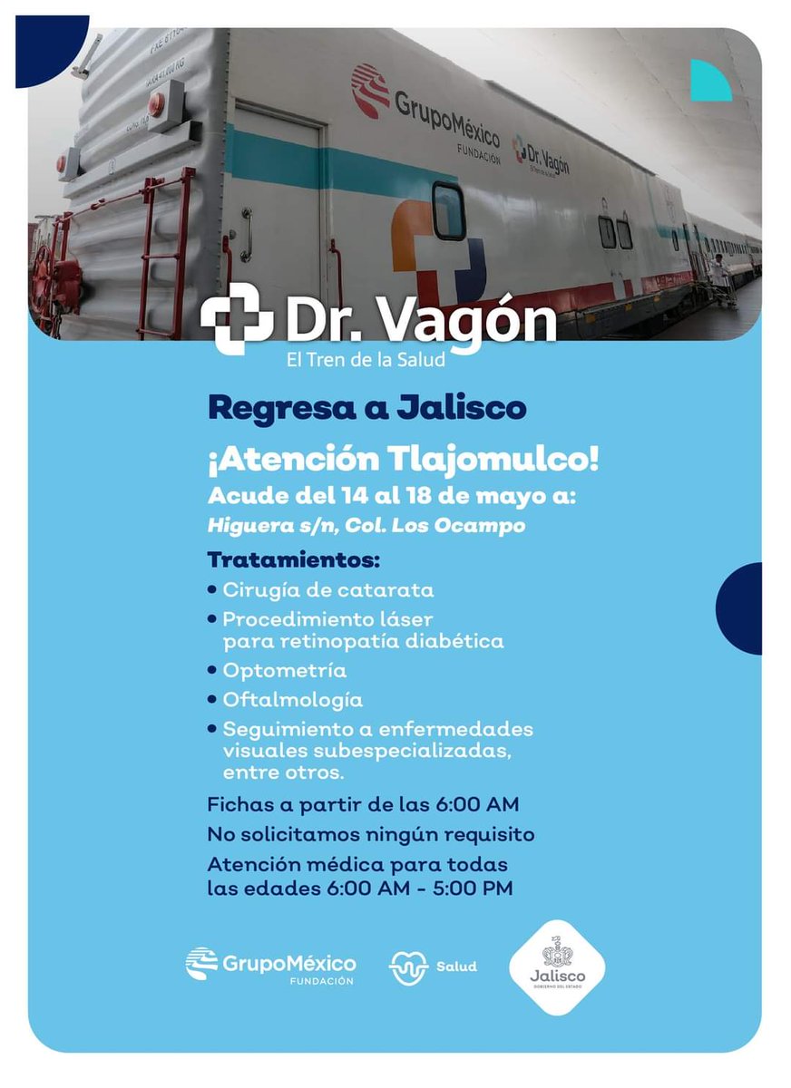 ¡El tren de la salud está de regreso! Esta campaña es para identificar y tratar la causa que afecte la vista, desde un problema visual que sea corregido con la adaptación de anteojos, hasta el tratamiento médico o quirúrgico de padecimientos oculares. ¡No faltes!