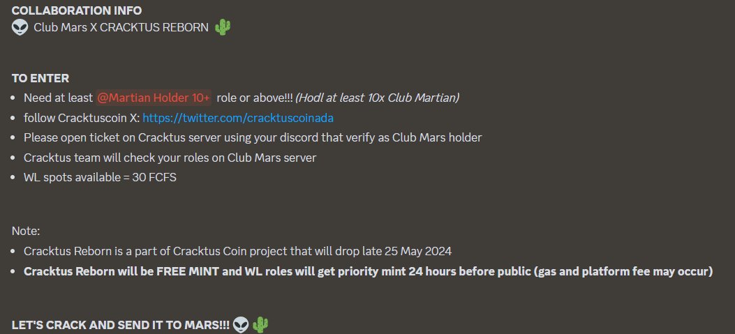 Check out Club Mars discord! WL for @cracktuscoinada free mint for 10+ Martian holders!
