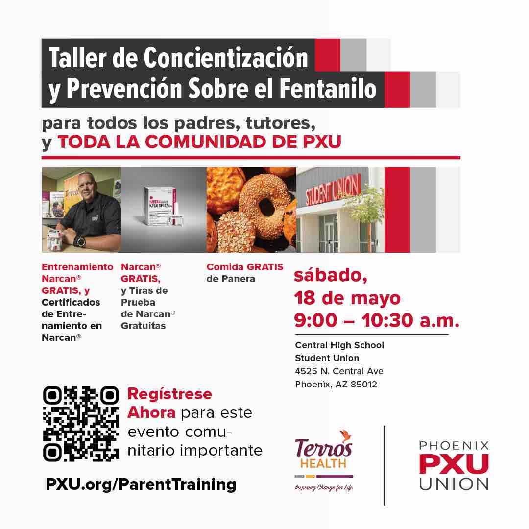 PXU Family, please join us this Saturday, May 18 from 9 AM to 10:30 AM at Central for a Fentanyl Awareness and Prevention Workshop. Free training, food, and Narcan provided. Sign up at PXU.org/ParentTraining 💻