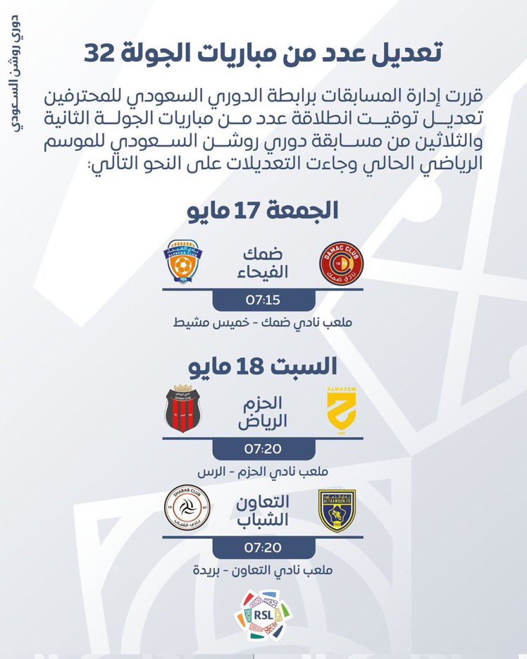 لجنة المسابقات في رابطة دوري المحترفين السعودي تعدل أوقات عدد من مباريات الجولة 32 من دوري روشن السعودي