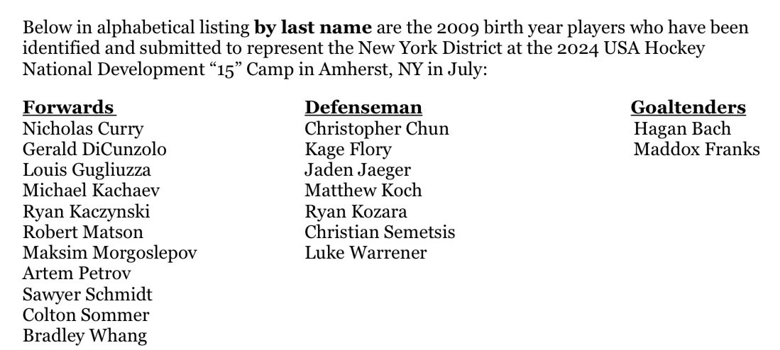 Congrats to our NY players selected for @usahockey National Camp! Tommy Bleyl (07), Joey Salandra (08), and Ryan Kaczsynski (09) 🇺🇸 #RollMF #NYhockey