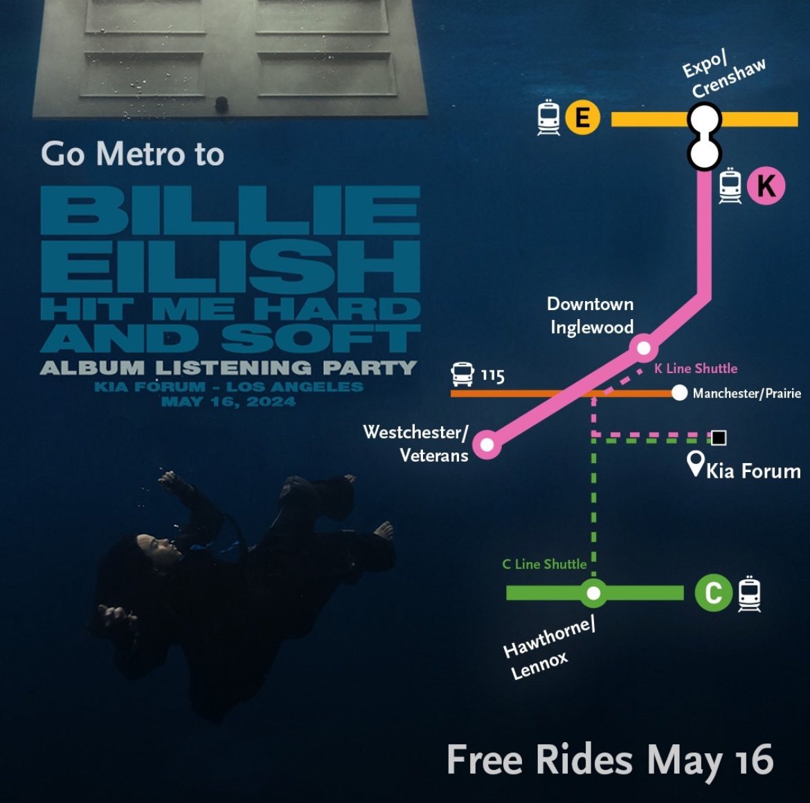 Billie Eilish em parceria com as autoridades locais de Los Angeles está oferecendo transporte gratuito para os fãs que comparecerão a listening party do álbum “HIT ME HARD AND SOFT” hoje.