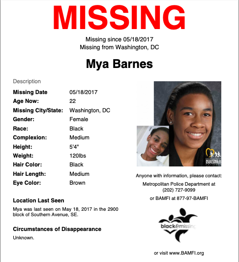 BAM_FI's tweet photo. Today marks the 7th-year anniversary of now-22-year-old, Mya Barnes, out of Washington, DC. 

Mya was last seen on May 18th, 2017 in the 2900 block of Southern Avenue, SE, wearing tan pants and a white shirt. 

Please share her story to #HelpUsFindMyaBarnes #MyaBarnes https://t.co/st65Pud01N