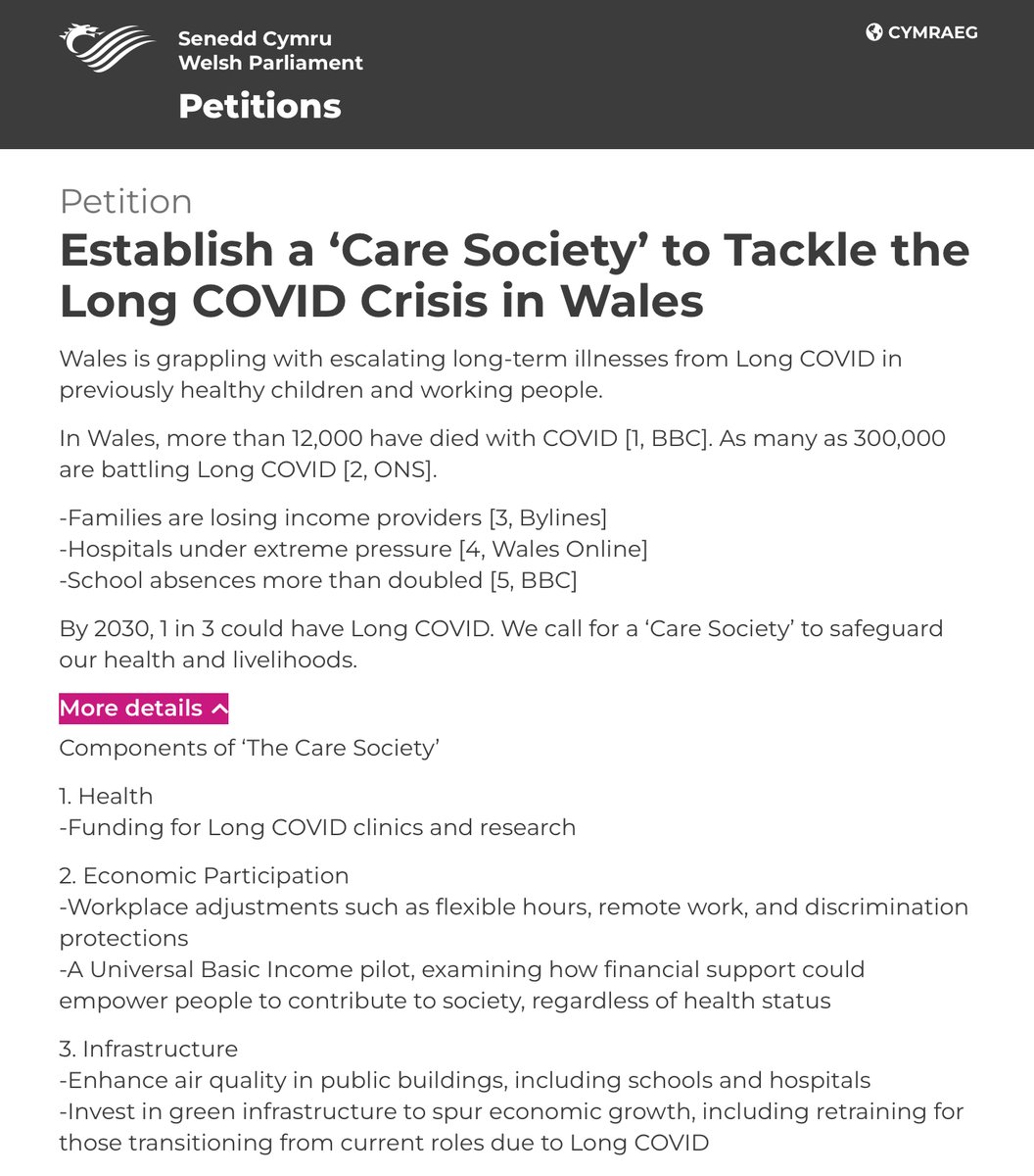 🏴󠁧󠁢󠁷󠁬󠁳󠁿THE SENEDD PUBLISHED THE PETITION! 🥳🥳 #TheCareSociety is a progressive initiative for tackling the Long COVID crisis. It includes: 1. Long COVID healthcare & research 2. UBI 3. COVID-safe infrastructure Supporters from ANY COUNTRY can sign. ⬇️⬇️ 💙💙 petitions.senedd.wales/petitions/2462…