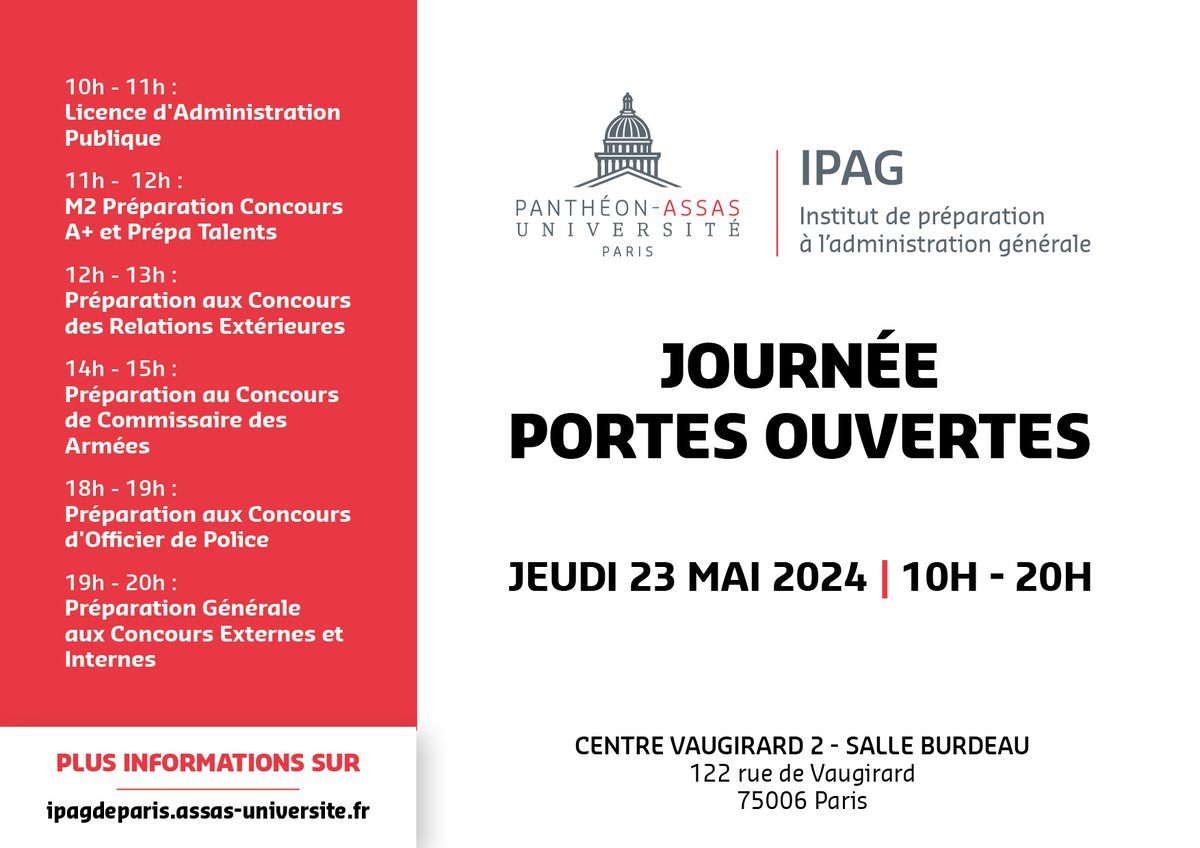 🚪Journée Portes Ouvertes à l' @IpagAssas ! Venez visiter l'Institut de préparation à l'administration générale le jeudi 23 mai 2024 ! #AssasUniv 🔍 Infos et programme : assas-universite.fr/fr/evenements/…