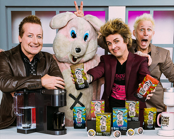 GreenDay's tweet photo. IT'S OFFICIAL!! The full lineup of @PunkBunnyCoffee roasts and merch are now available, including FULLY recyclable Keurig K-Cup®️ pods + coffee bags 🐰☕ https://t.co/bU31O8K4v5 https://t.co/UaweuL8csE