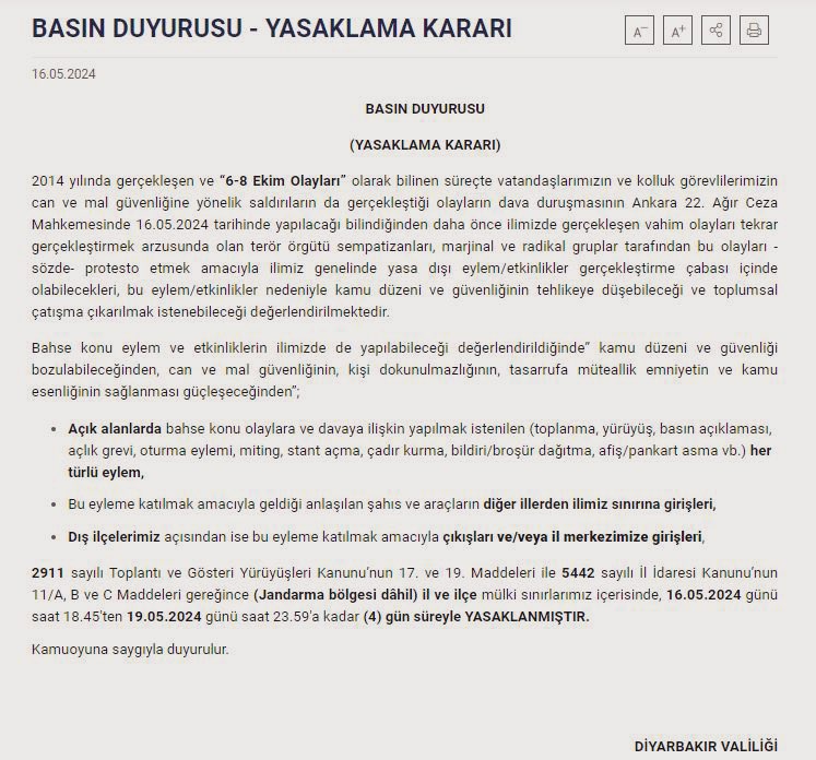 Diyarbakır Valiliği, Kobani Davası'ndaki kararlar nedeniyle kentte 4 gün eylem ve etkinlik yasağı ilan etti.