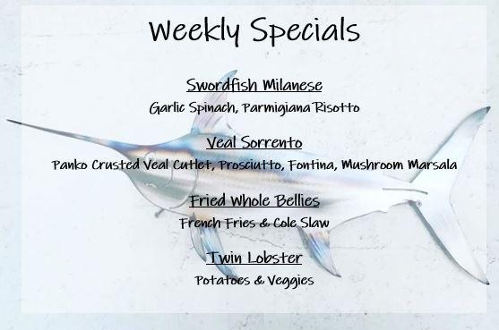 Weekly Specials at The Brookside Inn.  Dine Inn or Take Out:  203-888-2272
#brooksideinnrestaurant #specials #twinlobsters #swordfish 
#brooksideinn1954.com