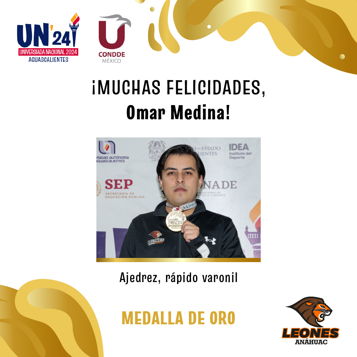 #VamosLeones ¡Medalla de oro! 🥇🦁 Omar Medina destacó en la @UniversiadaMX al llevarse la medalla de oro en Ajedrez, rápido varonil♟️¡Muchas felicidades! 🙌🏼🙌🏼 #UniversiadaNacional2024 @ConddeMx