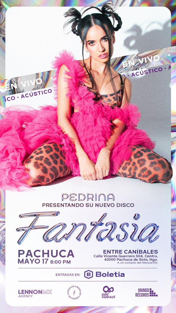 Pachuca💛 Mañana viernes 17 de mayo nos vemos en @entrecanibalex a las 8pm para que cantemos las de 𝐹𝒶𝓃𝓉𝒶𝓈í𝒶 y más! 📻🌈 Boletos en <a href="/boletia/">Boletia</a> 🎟️
#pachuca #conciertosenpachuca #musicaenvivo #Pedrina