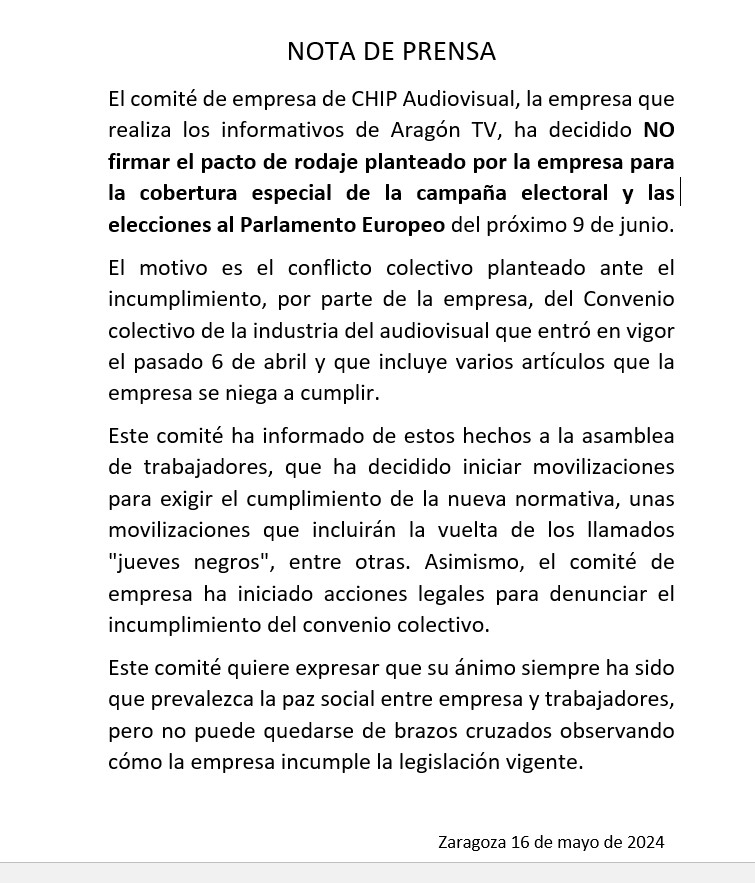 Comunicado del Comité de Empresa de CHIP Audiovisual.@henneomedia @aragontv @nazionobrera @UGTAragon @CCOOAragon @OSTAsindicato @pparagon @aragonpsoe @iu_aragon @chunta @PodemosAragon @aragonvox @AragonPAR @TeruelExiste_ @CARTV_ #juevesnegrosatv
