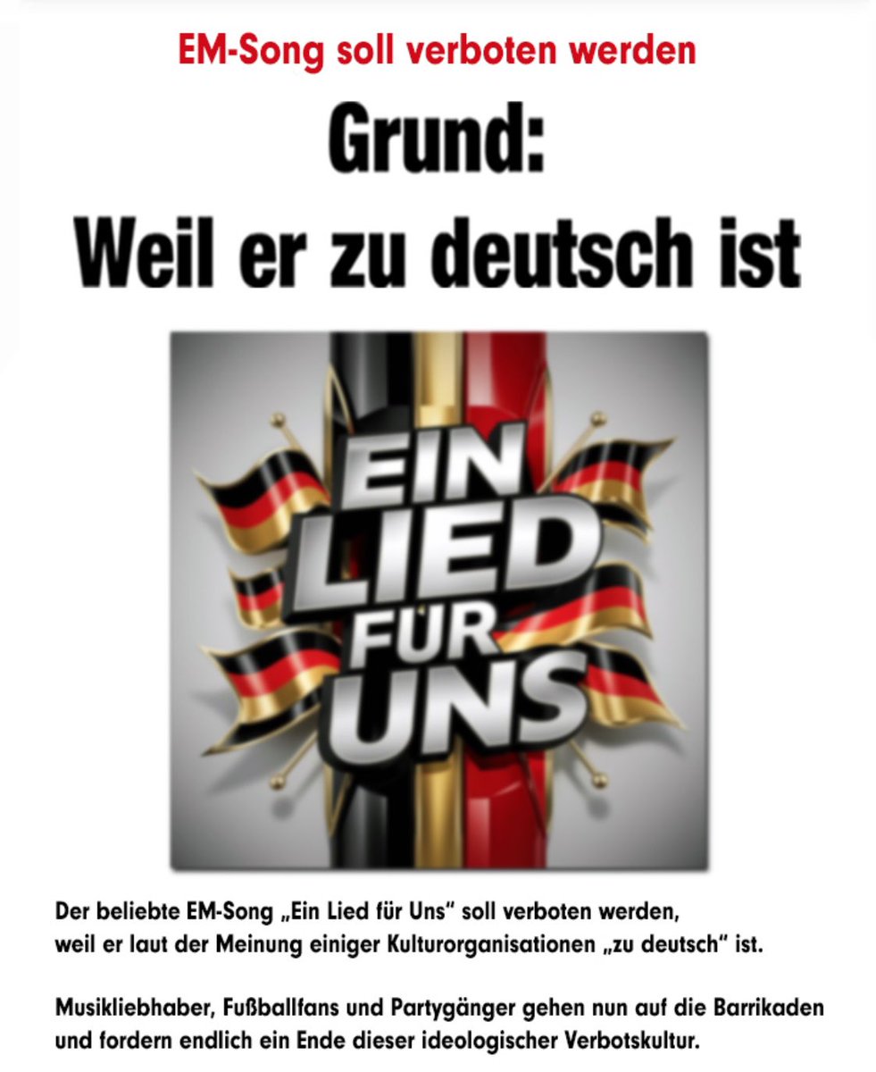 EM-Lied 🇩🇪 soll verboten werden‼️ 

Jetzt alle mal festhalten - das Lied soll zu deutsch sein und deswegen nicht tolerant genug. Wir brauchen unbedingt ein Ende dieser beknackten ideologischen Verbotskultur, sonst reiten wir toleranzbesoffen in den eigenen Untergang. 
#EM2024 🏟️