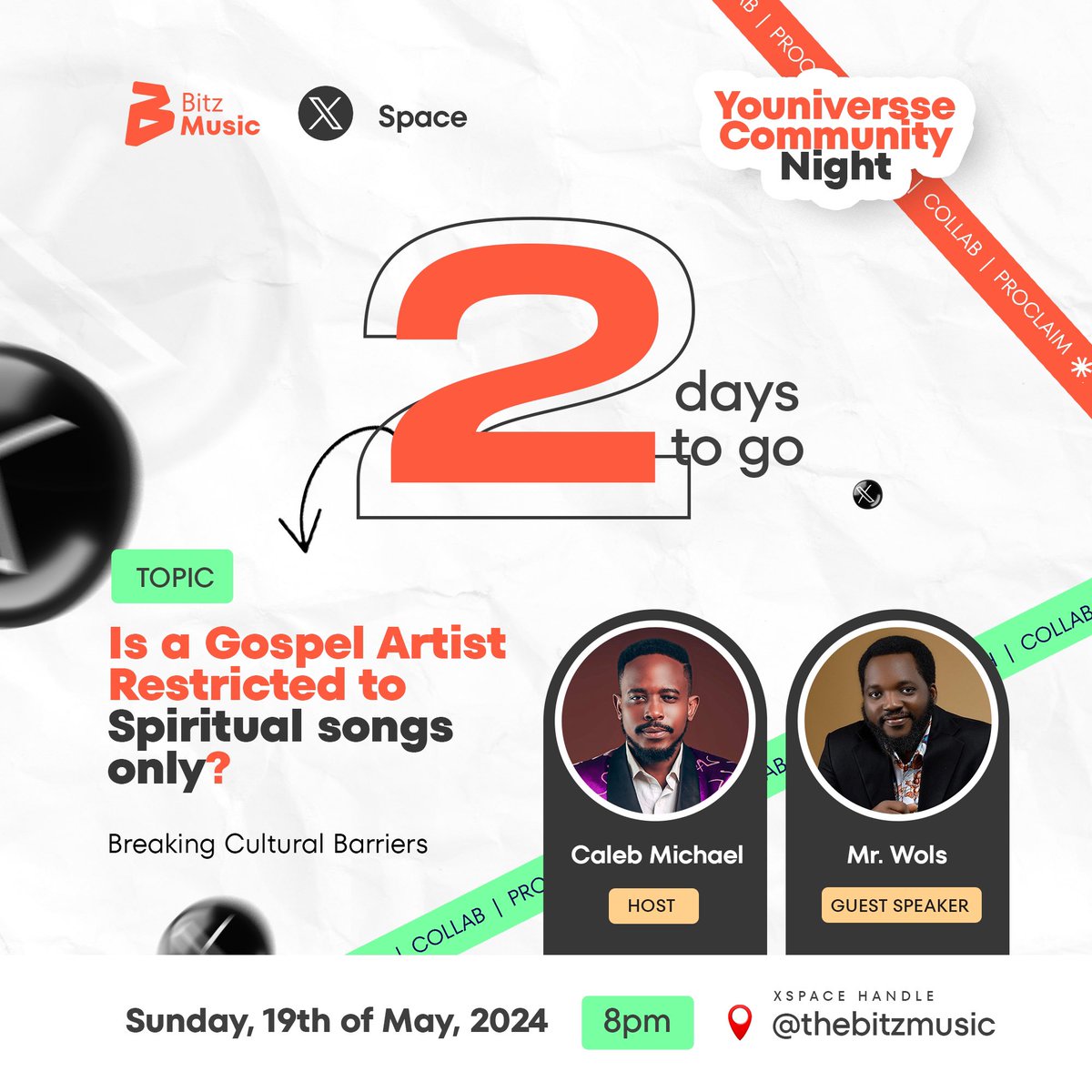 theBitzMusic's tweet image. Only 2 days to go!

Live this Sunday by 8pm on X ; Join @CalebPMichael and Mr Wols on our Xspace via our handle “theBitzmusic”.

We’re breaking cultural barriers and answering all your questions on secularism in Christian music.