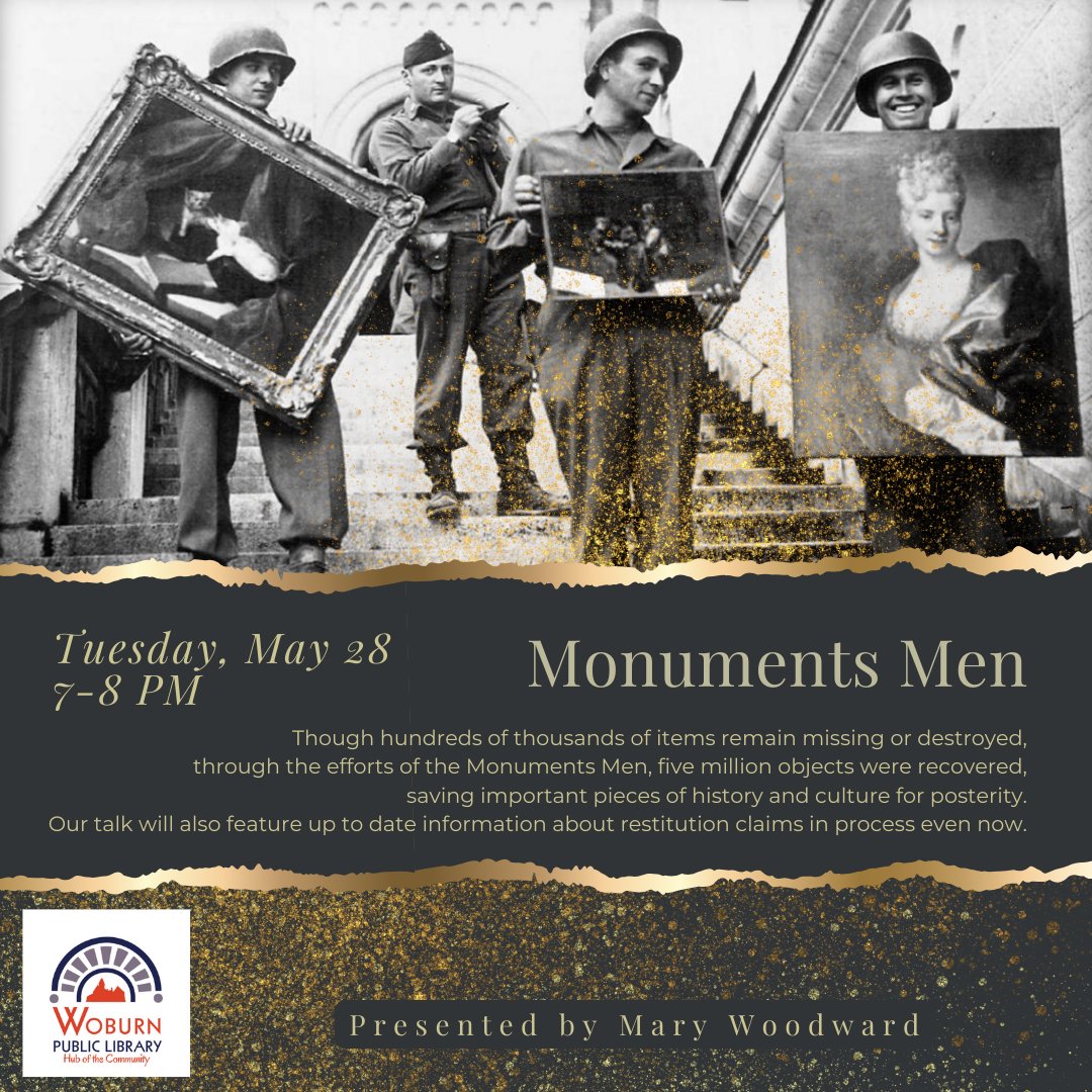 woburnlibrary's tweet image. Monuments Men have helped recover five million objects helping to preserve history. Come listen to this fascinating talk presented by Mary Woodward on 5/28 at 7pm. #HistoryPresents #LibraryProgramming #WoburnPublicLibrary #WoburnMA

Click here to register: …npubliclibrary.assabetinteractive.com/calendar/monum…