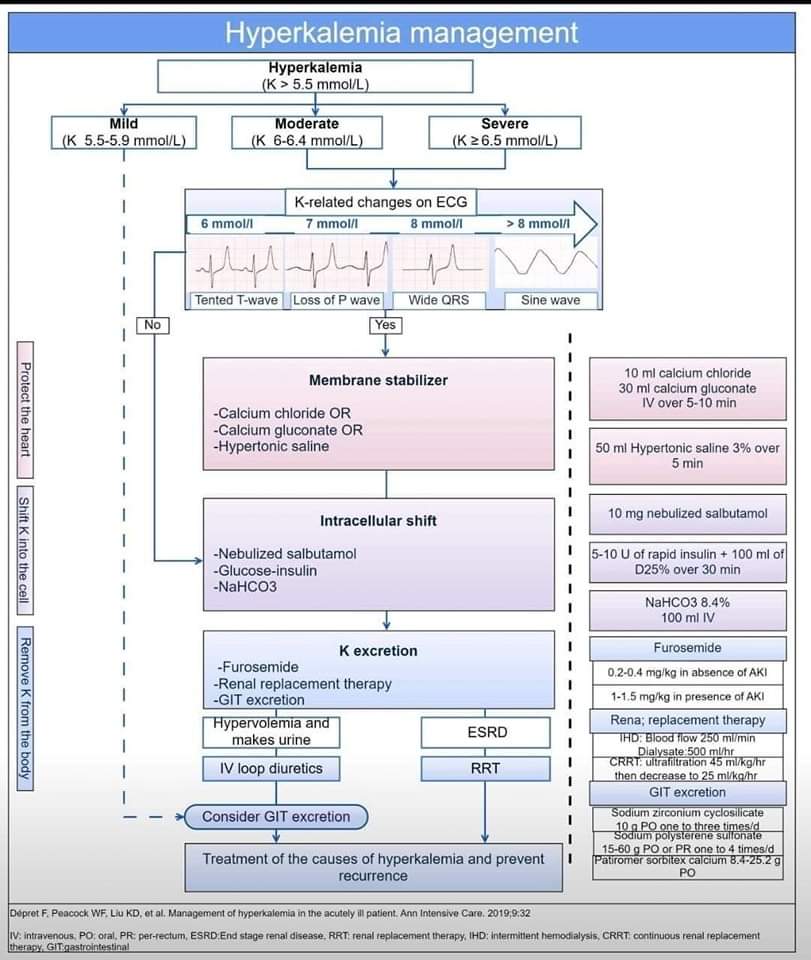 🔴 HYPERKALEMIA MANAGEMENT 

From Clinical Decision in critical care book 

#medtwitter #cardiology #Cardiotwitter #meded #clinical