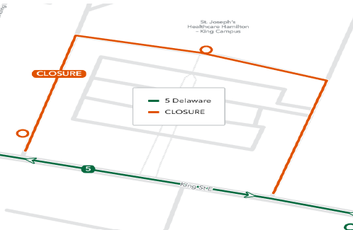 #HSRAlert On Thursday May 16, 2024, 9:00 PM to end of services on Friday May 17, 2024 Route 5 DELWARE will detour due to sidewalk painting at St. Joe’s Urgent Care in Stoney Creek. Therefore, Route 5 Delaware will not be able to access the hospital.