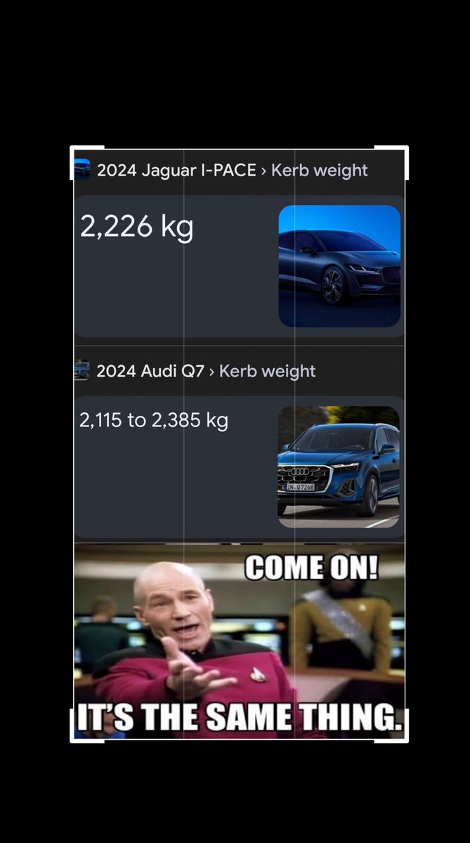 Just watching The Motorway or Motorway Cops. Three crashed cars get recovered from an embankment. One is a Q7 one an ipace. 
Recovery cops say ‘of course it’s electric so much heavier’ as does the voice over bloke and make out it’s harder to pull out than the Audi 🙄