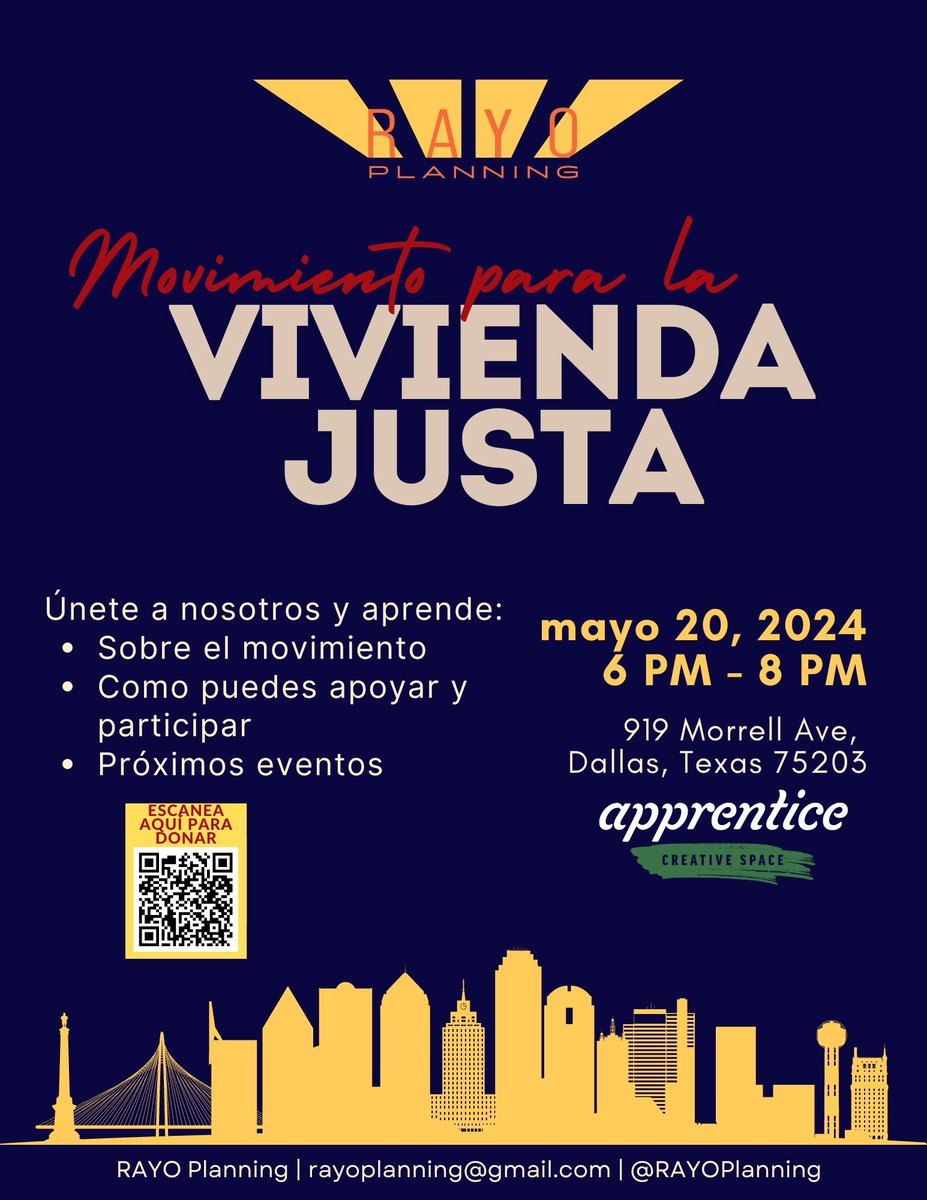 🗓️ Save the date: Next Monday, May 20 at 6:00 PM, join us for @rayoplanning's Housing Justice Movement Fundraiser! Explore Rayo Planning’s housing justice initiative and unite to advance fair housing in Dallas! 🏡#DallasHousing