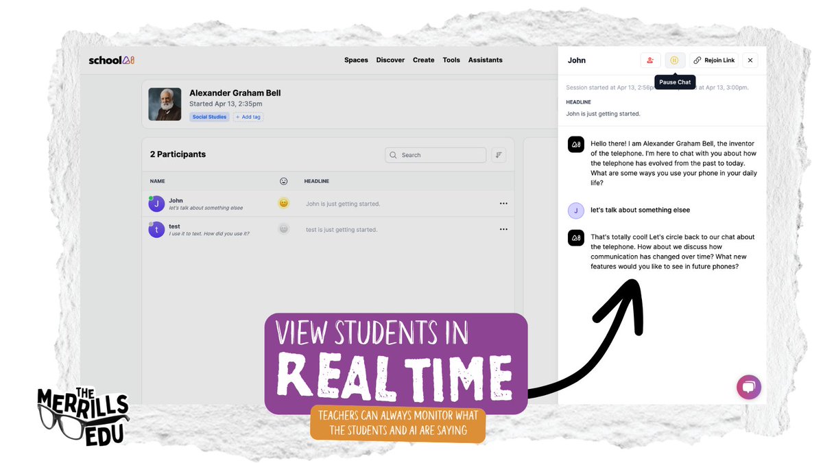 Are you nervous about letting students use AI? 😬

<a href="/GetSchoolAI/">SchoolAI</a> allows educators to monitor student work  - you can even view students using the AI in ⚡️REAL TIME!⚡️

Learn how it all works ⤵️
themerrillsedu.com/blog-1/2024/4/…

#TeacherTwitter #TEACHers #ISTELive24 #AI #Education
