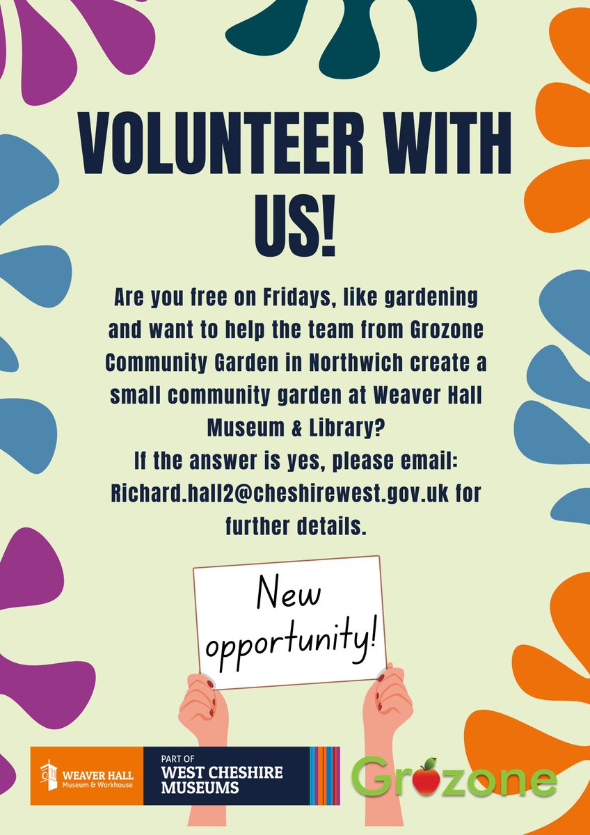 In partnership with Grozone Community Garden in Northwich we have a new Volunteer opportunity available at Weaver Hall Museum! 🌿 For further information email- Richard.hall2@cheshirewest.gov.uk.