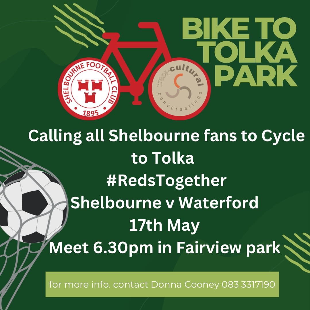 Meet Fairview Park 6.30pm tomorrow and bike to Tolka Park for the match! Are there complimentary tickets? @donna_cooney1 might know… #bikeweek #cycledublin @shelsfc