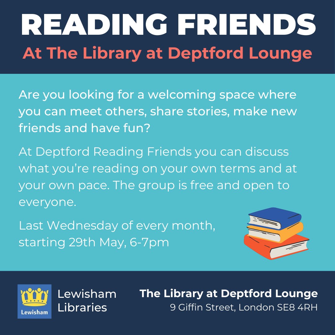 We have a brand new reading group starting at The Library @DeptfordLounge on 29 May, 6-7pm
#ReadingFriends is perfect if you are reading for pleasure for the first time, learning English as a 2nd language or unsure that a traditional book group is for you
#ReadingGroups #Deptford