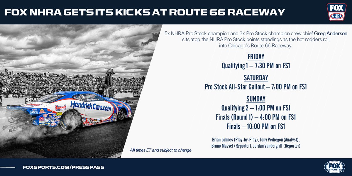 Catch a full weekend of NHRA drag racing from Chicago on @FS1 📺 #NHRA #Route66Nats