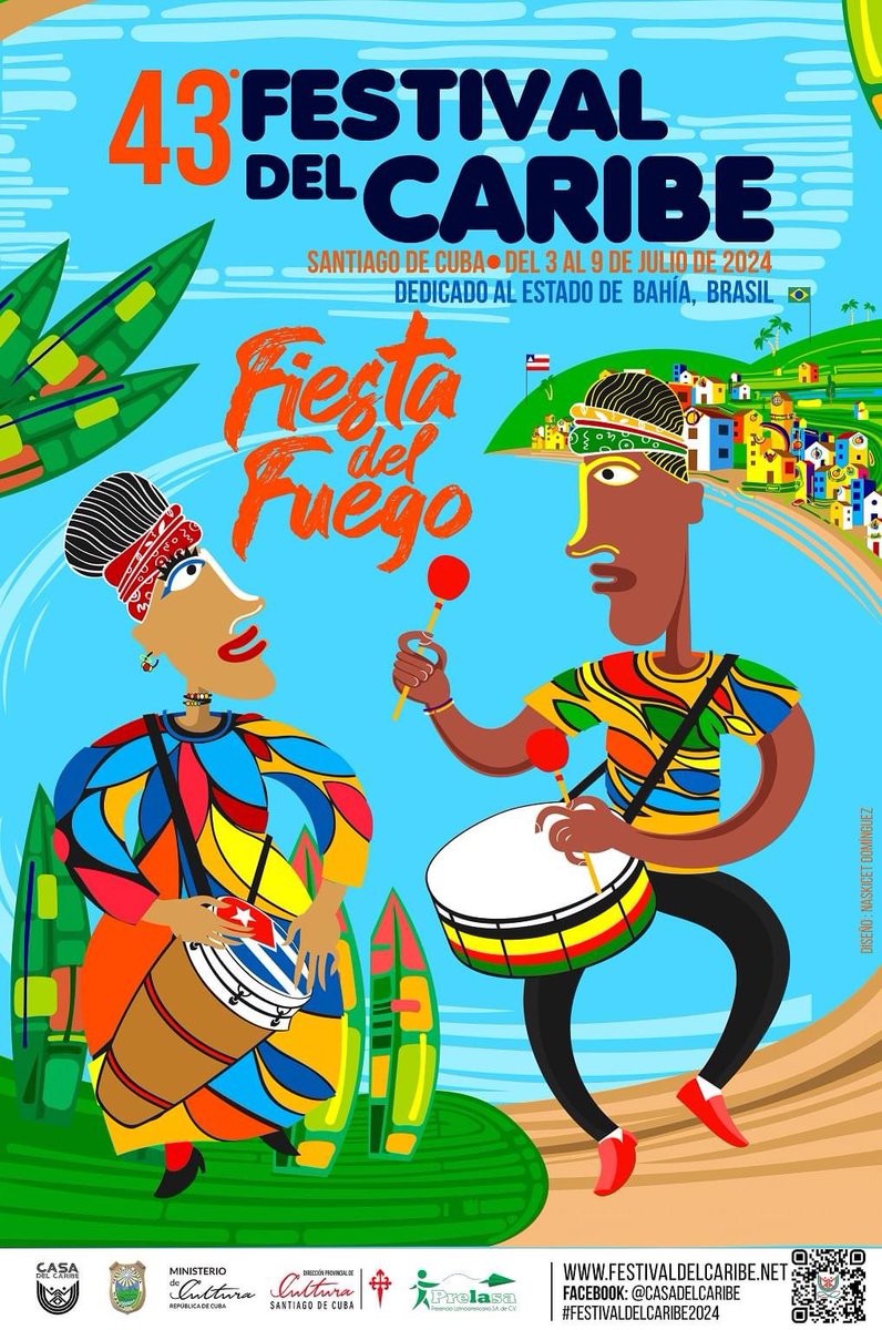 43 Festival del Caribe “Fiesta del Fuego”. Del 3 al 9 de julio de 2024 en #SantiagodeCuba. Dedicado al Estado de Bahía, #Brasil. 
@CubarteES @AlmaMater_Rev 
#lapapeletacuba11años #CubaEsCultura #LaPapeletaCuba #CulturaCubana
