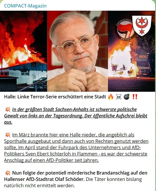 Die tägliche Verleumdung und Hetze gegen die Opposition zur Wählerbeeinflussung hat Folgen. Allein in  Halle gab es eine Serie von Anschlägen auf AfD-Angehörige. Den Worten der Regenten und ihnen hörigen Medien folgen Taten. Habeck hat es wieder genau ins Gegenteil verdreht.