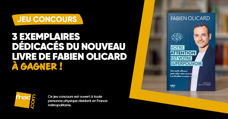 Fnac's tweet image. JEU CONCOURS | Tentez de remporter 3 exemplaires dédicacés du livre de Fabien Olicard "Votre attention est votre super pouvoir". 
 
Pour participer 👉 RT &amp;amp; mentionnez un ami qui ne peut se passer de son téléphone + Follow @FNAC
 
Bonne chance à tous ! ☘
TAS le 22/05. 3 gagnants