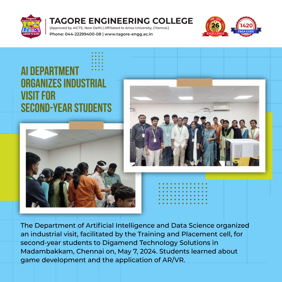 The Department of #AI and #DataScience organized an #industrialvisit, facilitated by the Training and Placement cell, for second-year students to #DigamendTechnologySolutions in Madambakkam, Chennai on 7/5/24. Students learned about game development and the application of AR/VR