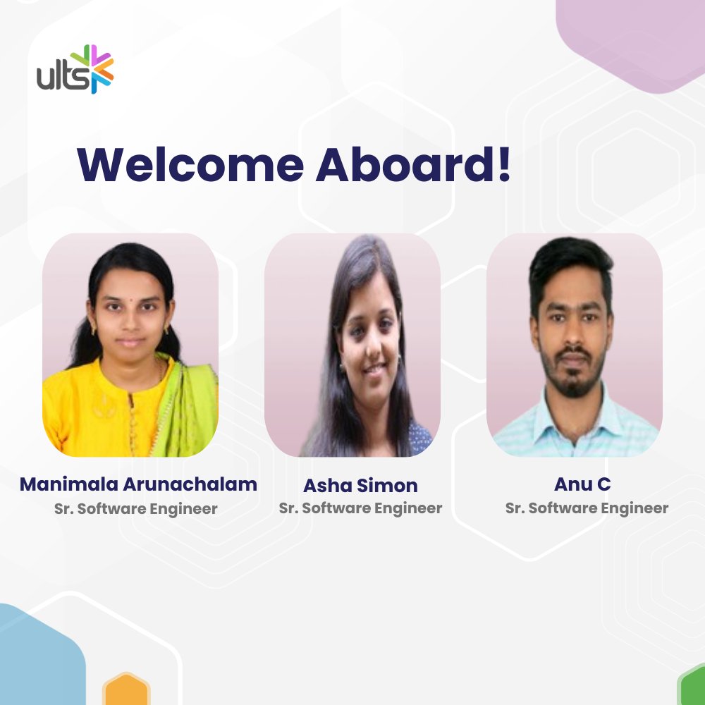 🌟 Join us in extending a warm welcome to our newest #ULites! 🌟 We're thrilled to have you on board, Manimala Arunachalam, Asha Simon, and Anu C, and look forward to achieving great things together. Here's to a rewarding journey ahead at #ULTS! 🚀

#MeetOurTeam #WelcomeAboard