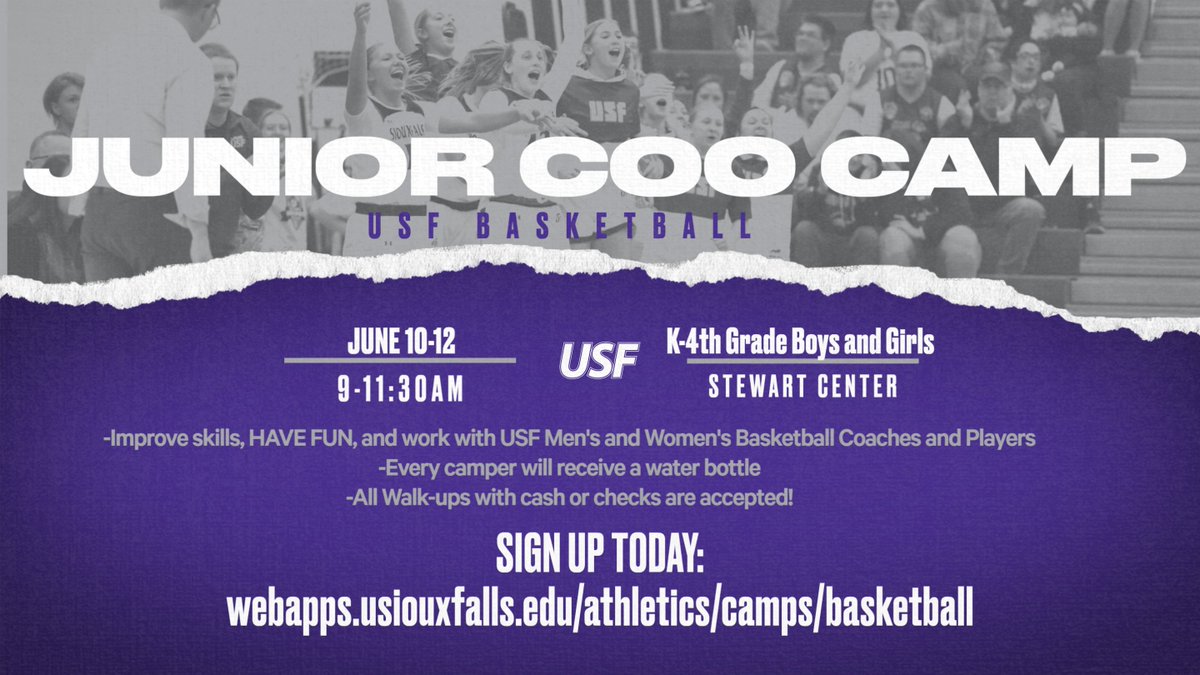 🚨 JUNIOR COO CAMP 🚨 📆 June 10-12 🕘 9-11:30am ⛹️‍♀️⛹️ K-4th Grade Boys and Girls Sign up today: webapps.usiouxfalls.edu/athletics/camp…