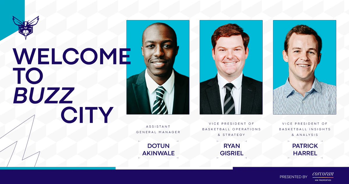 Hornets just made multiple front office hires OFFICIAL!

Dotun Akinwale - Assistant General Manager
Ryan Gisriel - VP of Basketball Operations & Strategy
Patrick Harrel - VP of Basketball Insights & Analysis

Welcome to Charlotte!

👋 #LetsFly35