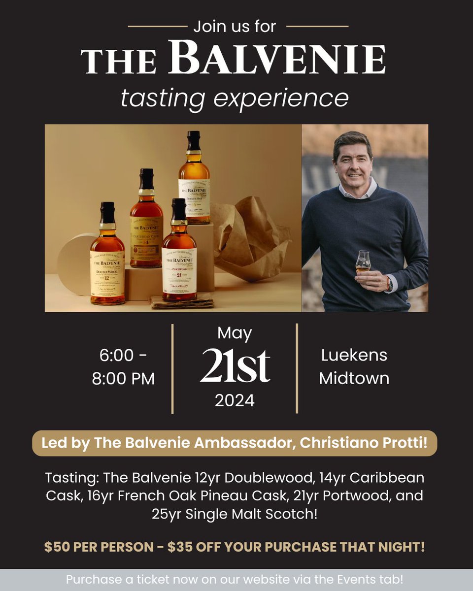 Join us next Tuesday, May 21st at Luekens Midtown for an unforgettable tasting experience with The Balvenie Single Malt Scotches 🥃 Indulge in a selection of 5 top-tier scotch whiskies from The Balvenie! Tickets are live on our website or ask at our register to purchase in-store!