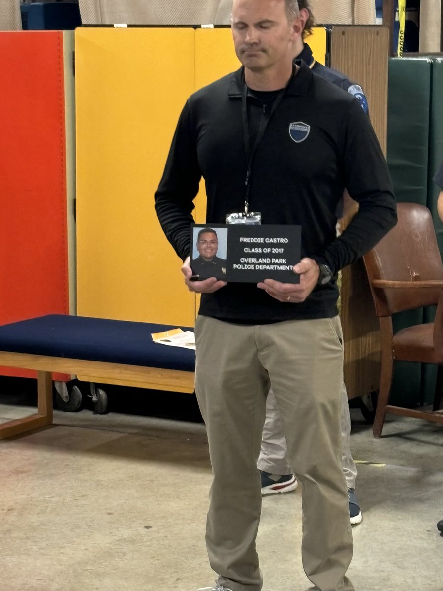 Today the @theSMSD Project Blue Eagle Program added one of the programs first students @OverlandPark_PD Officer Freddie Castro whose EOW was 08/31/21,to their wall of honor for students from the program who work in public safety. We will never forget your service Freddie!