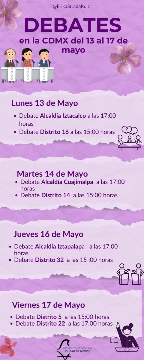 ErikaStradaRuiz's tweet photo. Continúan los #DebateChilango esta semana. Encuentra aquí la agenda👇🏽
Hoy se transmiten en vivo los del #Distrito32 a las 15:00 hrs y la #AlcaldíaIztapalapa a las 17:00 hrs.
Si no logras verlos en tiempo real, recuerda que los encontrarás en el canal de YouTube del @iecm. https://t.co/wRYSzL1Yog