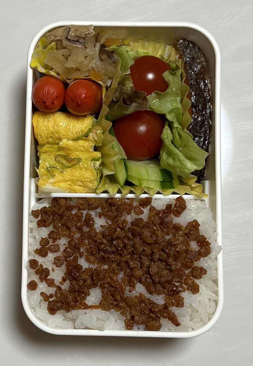 今日は鮭弁当🍱と鳥そぼろご飯です🤭 週末になります。どうか体調崩しておられる方は早目の療養、クリニック受診をお願いします🙇‍♀️ 行ってらっしゃい❣️