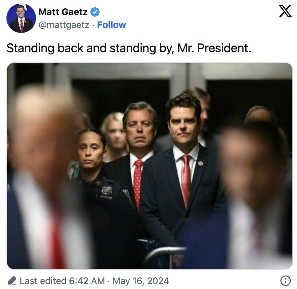 The Proud Boys are literally a terrorist group.

The fact that Matt Gaetz invokes their signature phrase here shows that the GOP are terrorist enablers and sympathizers.