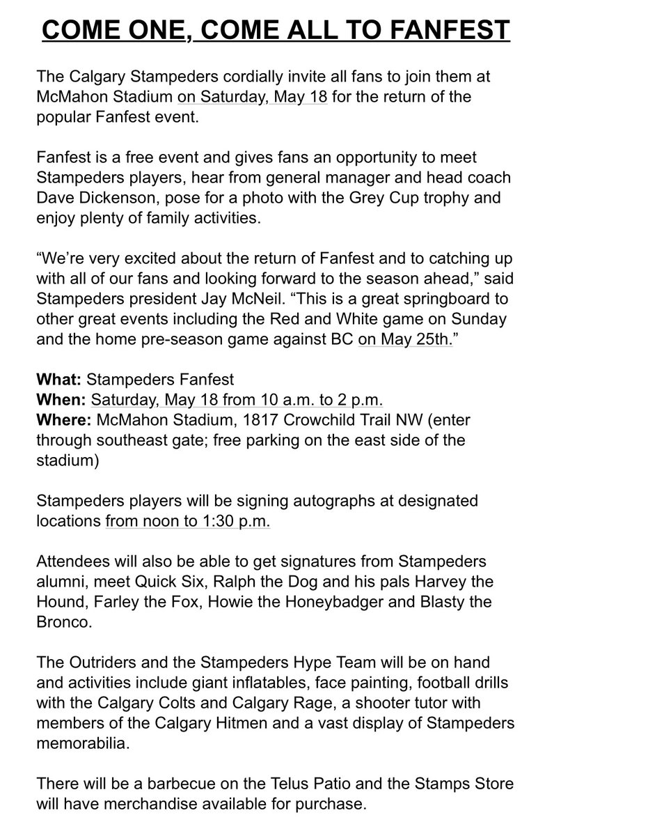 One of the most popular events for Calgary football fans - FanFest - is back and the Stampeders invite everyone to the event on Saturday at McMahon Stadium 10 am to 2 pm. Fans can enjoy many activities, meet GM/Head Coach Dave Dickenson and players, get a photo with the Grey Cup.