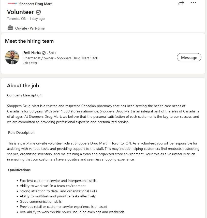 Wow! @loblawco owned @ShopprsDrugMart is seek volunteers instead of *checks notes* paying a living wage. I call on @fordnation to make this type of thing illegal in #Ontario. #onpoli #ontpoli
