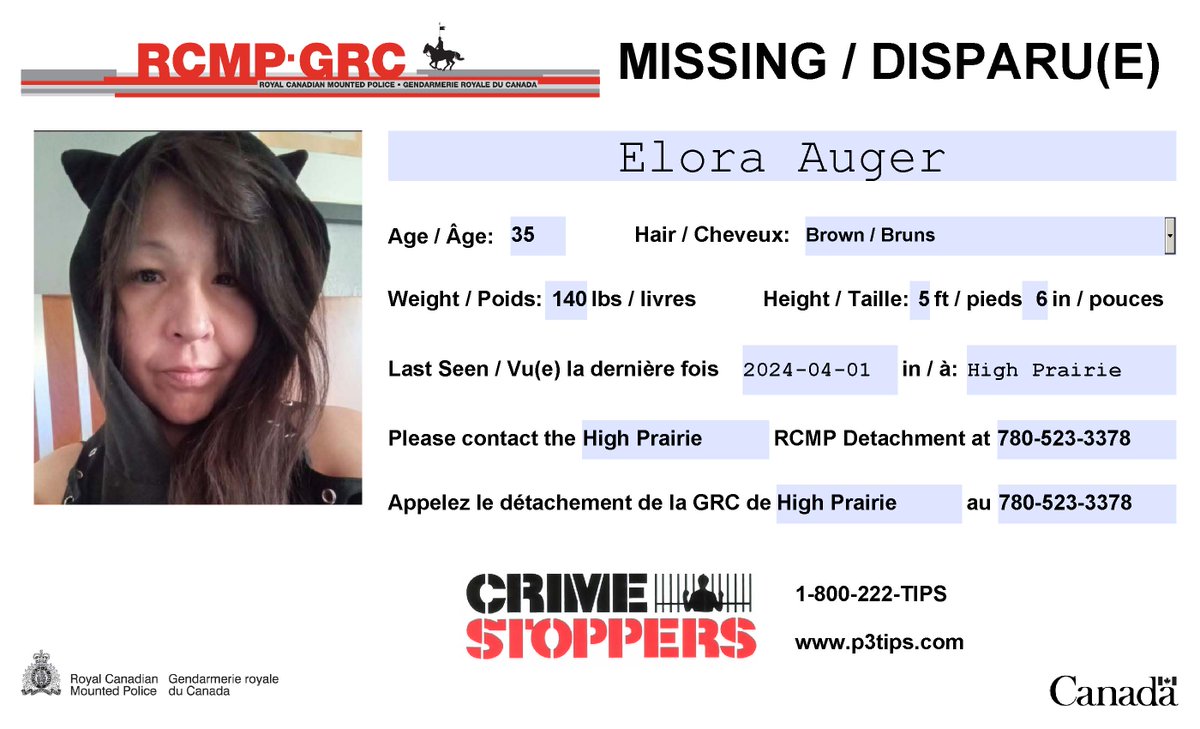#Missing: Elora Auger, 35, #HighPrairie.