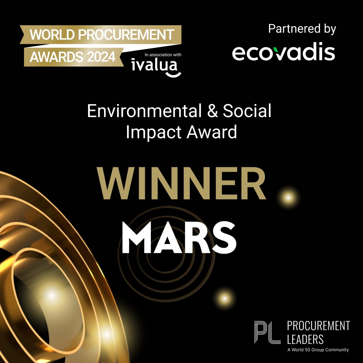 Well done
<a href="/Mars/">Mars</a>
on winning the Environmental &amp; Social Impact Award partnered by @EcoVadis! #PLWPA