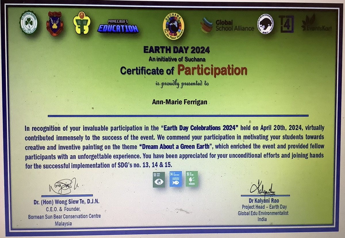 I was so pleased to receive my certificate for my participation in Earth Day 2024. I can’t wait to give the children their certificates tomorrow. @GSchoolAlliance @MonksdownSchool @MonksdownEco