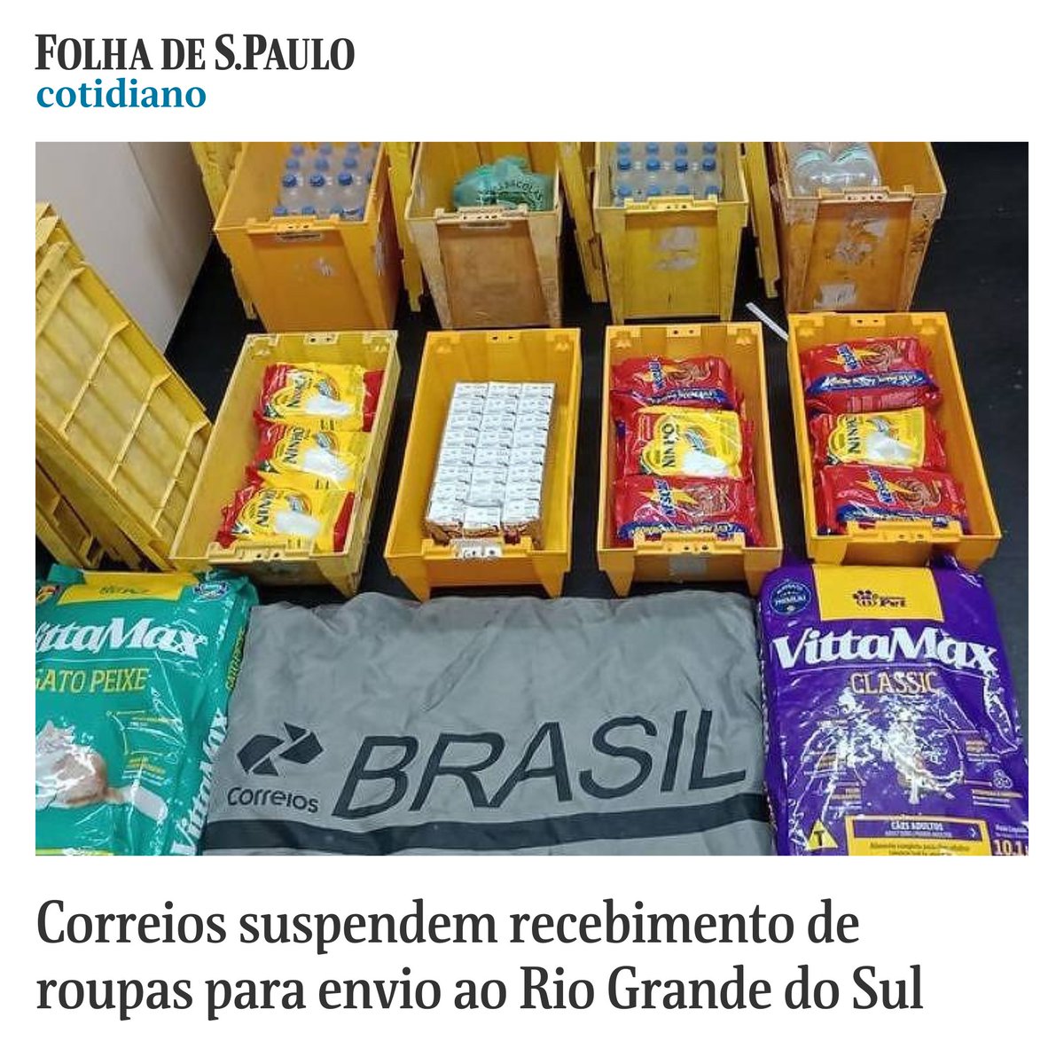 ESTOQUE CHEIO | Correios suspendem recebimento de roupas para envio ao Rio Grande do Sul. Empresa pede que água, itens da cesta básica e de limpeza sejam priorizados. Leia em: mla.bs/a431dd66