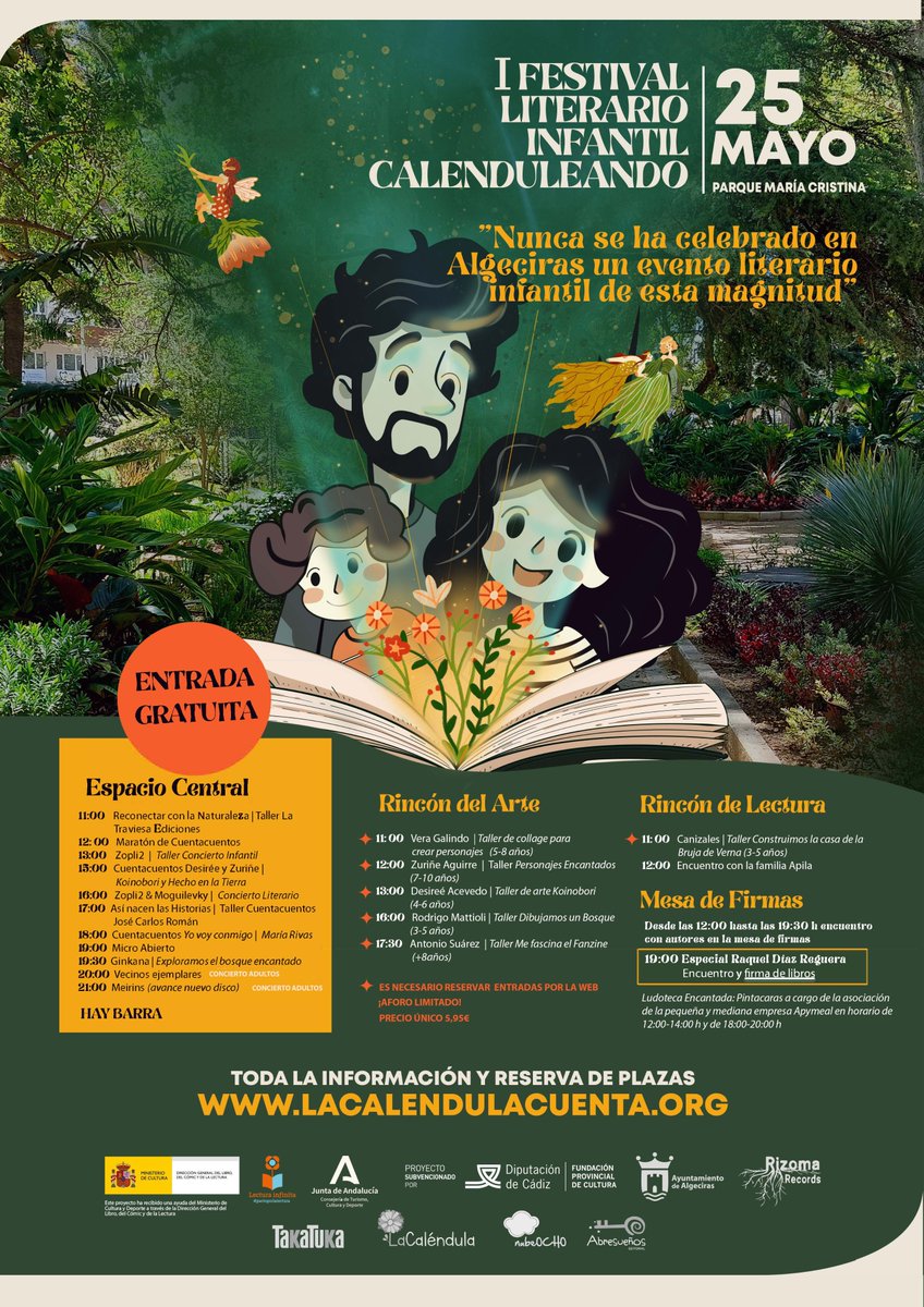 Te esperamos el sábado 25 de mayo en el Festival Literario Infantil «Calenduleando», en el Parque María Cristina de Algeciras, con el taller «Reconectar con la naturaleza. #EducandoACieloAbierto» para familias y docentes y, ¡claro!, con nuestros libros 🤗
latraviesaediciones.es/evento/taller-…