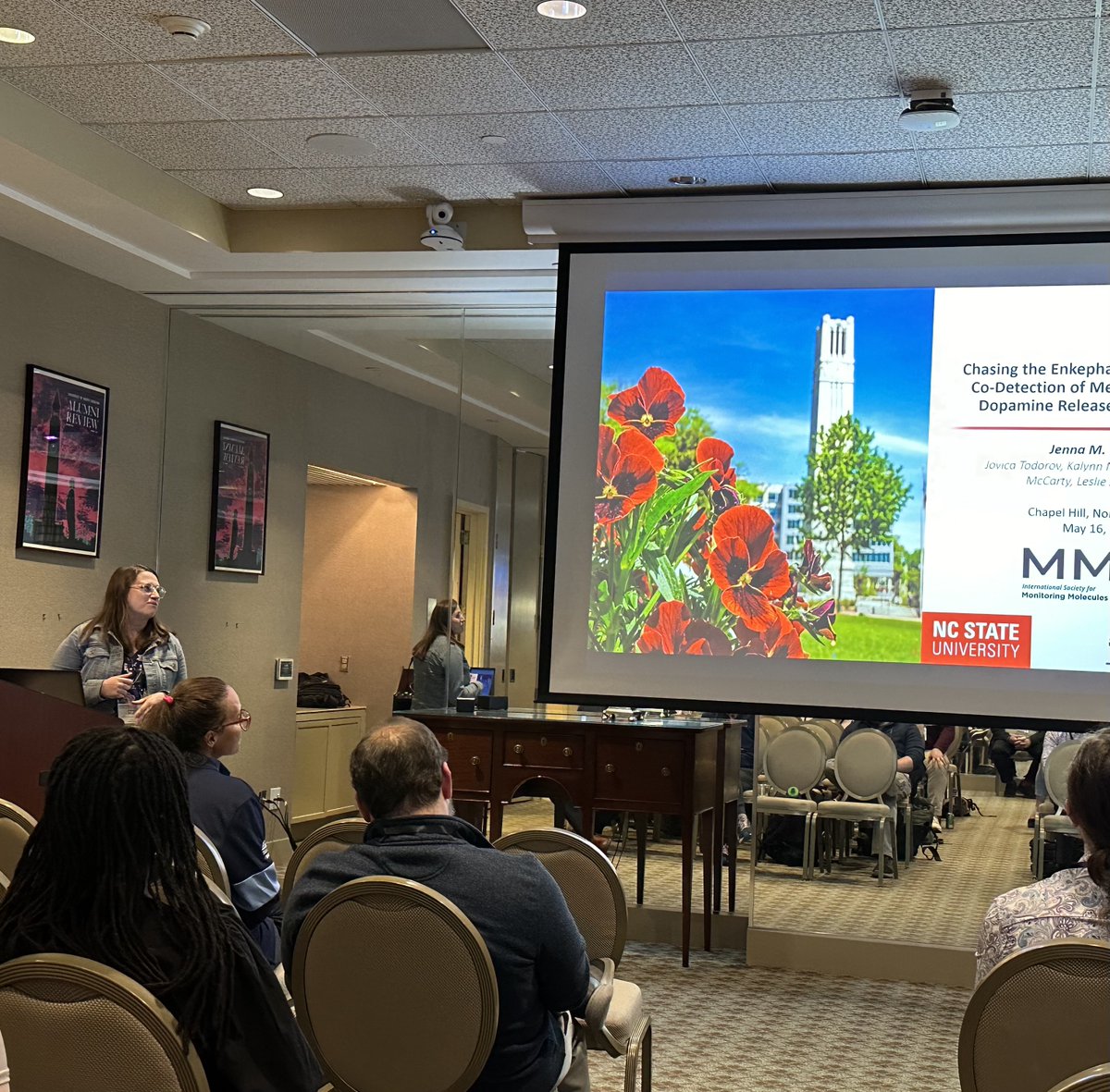 Beautiful presentations from <a href="/Kalynn_mckenzie/">Kalynn Turner</a> (measuring brain glucose and 5-HT) and  <a href="/JennaBerger4/">Jenna Berger</a> (DA and ENK) and at the Monitoring Molecules in Neuroscience Meeting in Chapel Hill today - these young scientists are killing it!!  💪@ncstatechem #chempack