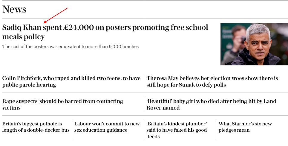 This is a headline block on the front page of the Telegraph website this evening. One of these stories (I marked it with an arrow) is not like the others. You see, it was actually published in October 2023. And yet someone in Editorial decided to pin it to the front page today.