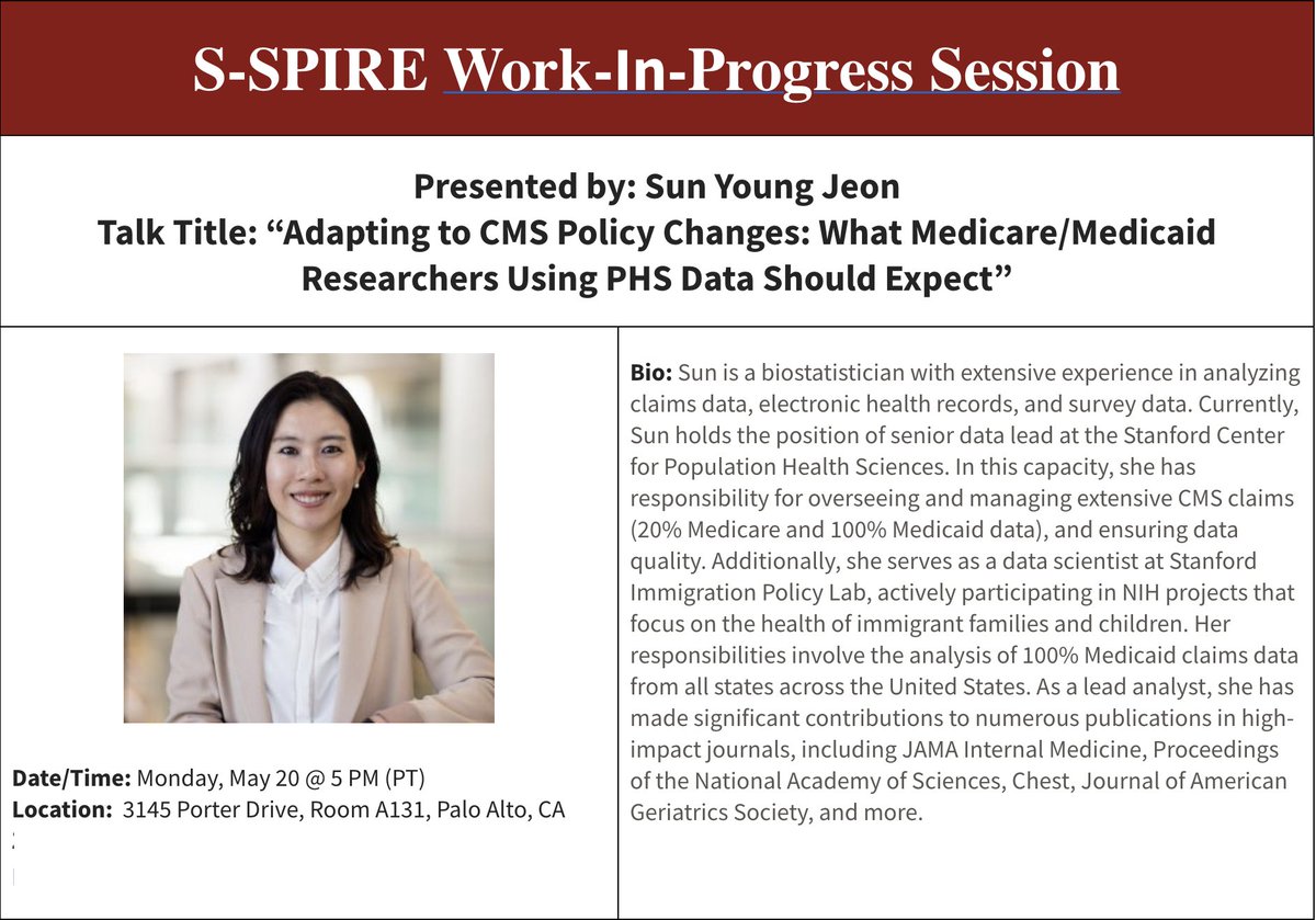 We're discussing CMS policy changes at this week's WIP! Join @StanPopHealth's Sun Young Jeon for 'What Medicare/Medicaid Researchers Using PHS Data Should Expect' Monday (5/20) at 5PM. DM @StanfordSPIRE for Zoom info!